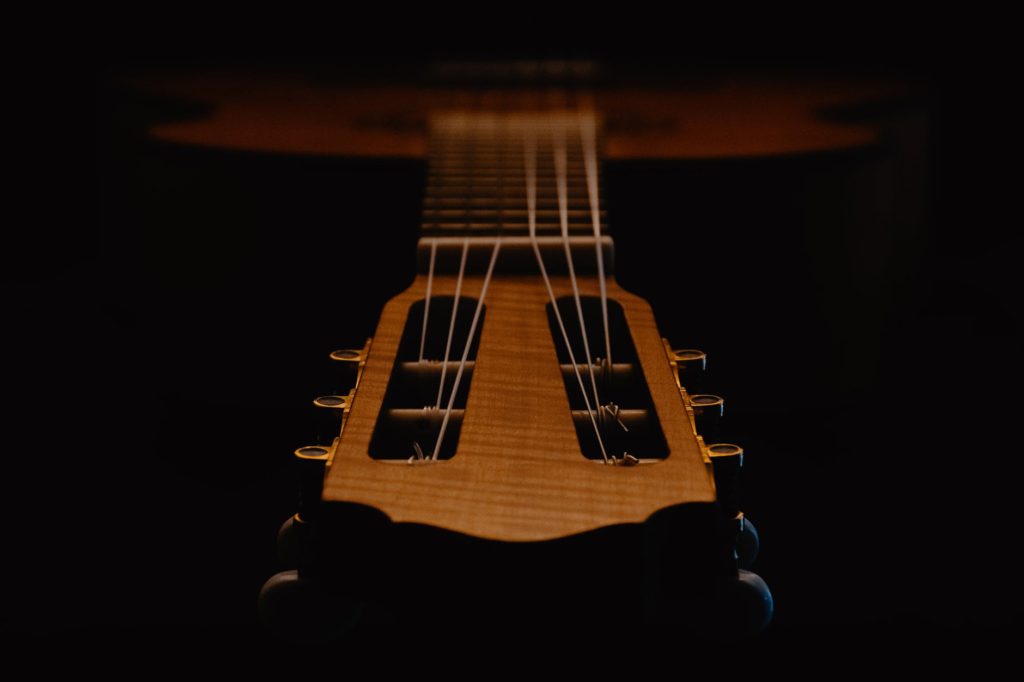 selective focus photograph of guitar headstock